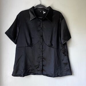 Princess Polly Bessie Black Satin Button Front Collared Blouse Plus Size 16